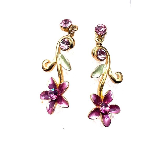 Pink Rhinestone Floral Dangle Drop Earrings Gold Tone - Picture 1 of 2